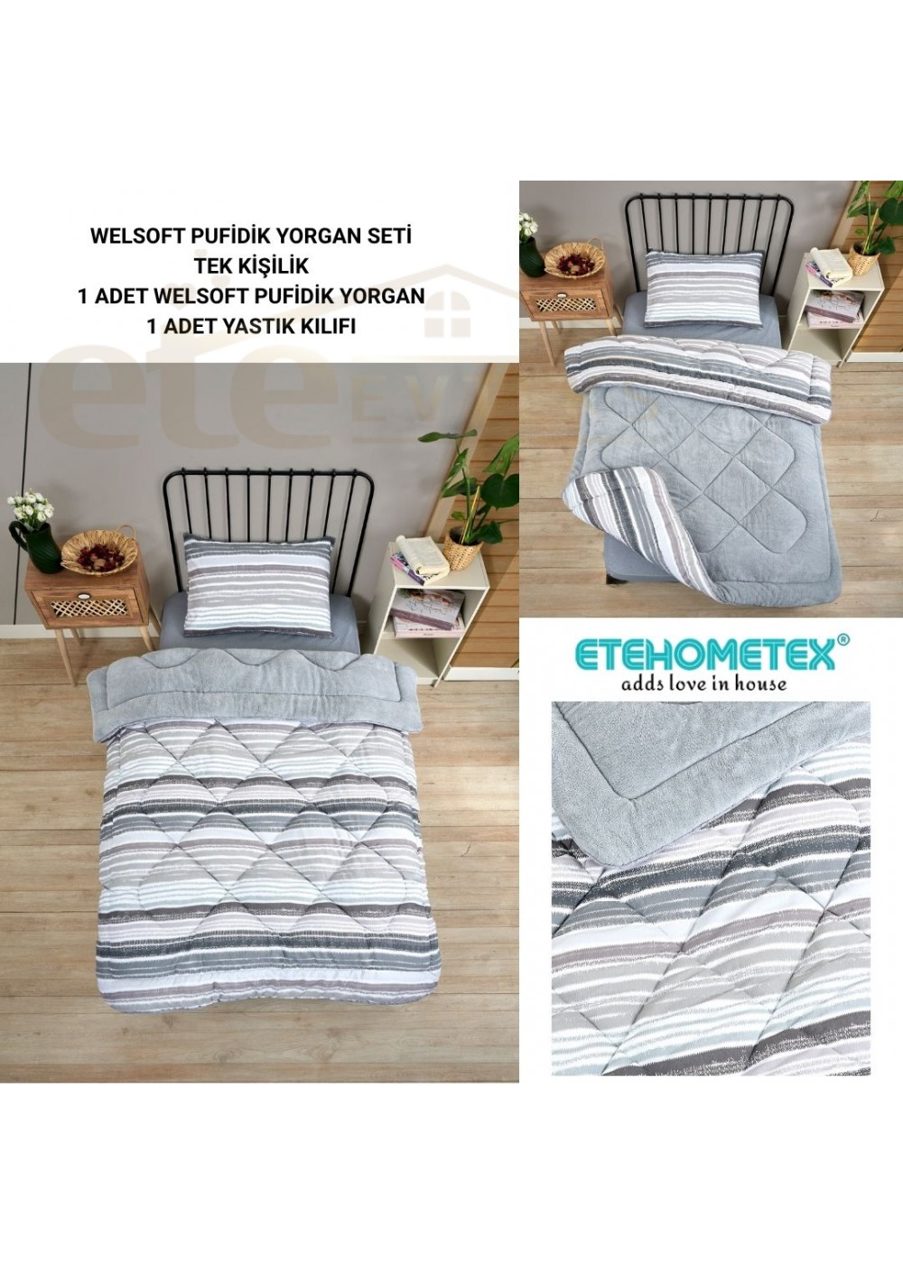 ETE HOMETEX TEK KİŞİLİK LÜX WELSOFT YORGAN SETİ TASEL GRİ 155X215CM 8696474231936